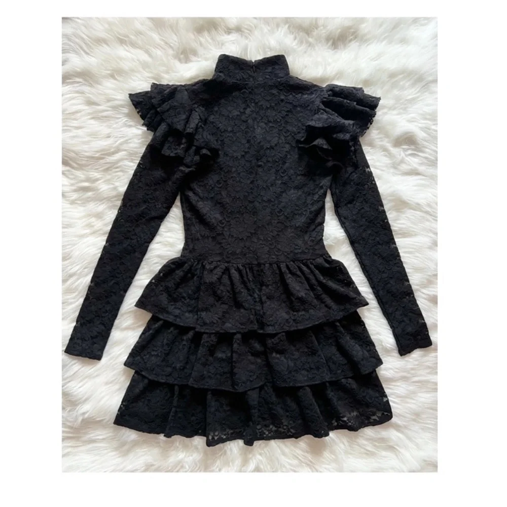 New! Caroline Constas Emily Lace Ruffle Mini Dress Long Sleeve in Black - Picture 10 of 12